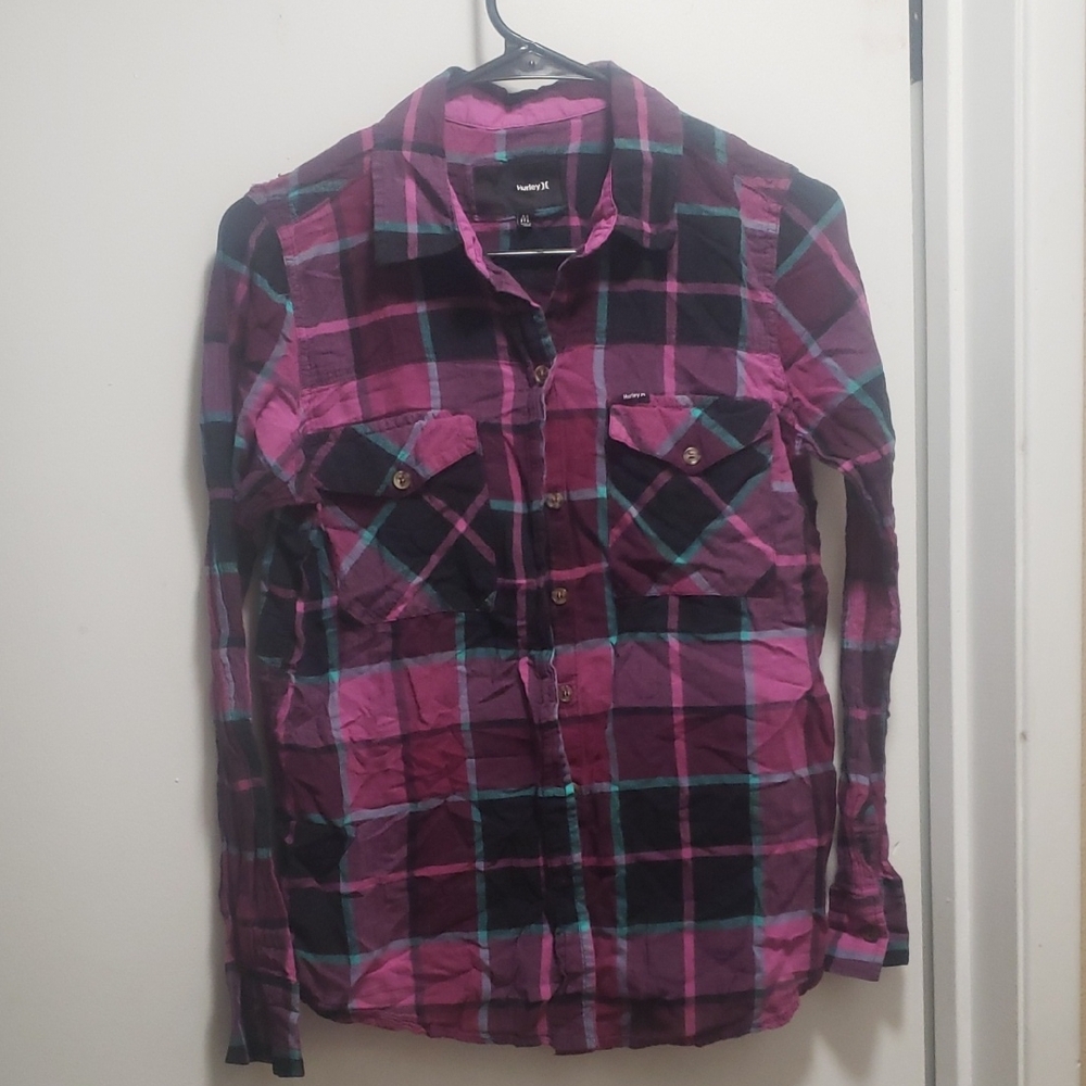 Hurley Maroon and Black Plaid Button-Down Shirt